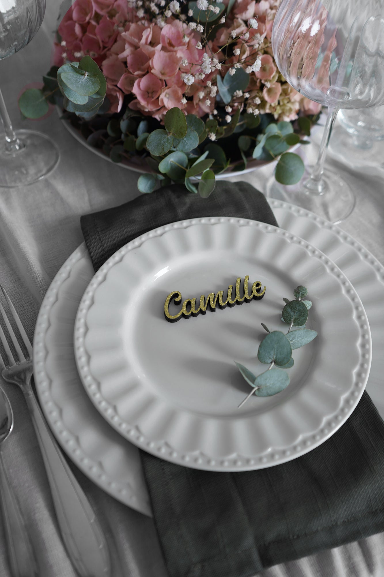 Prénoms marque place de mariage, chemin de table et placement des invités paillettes d'Or